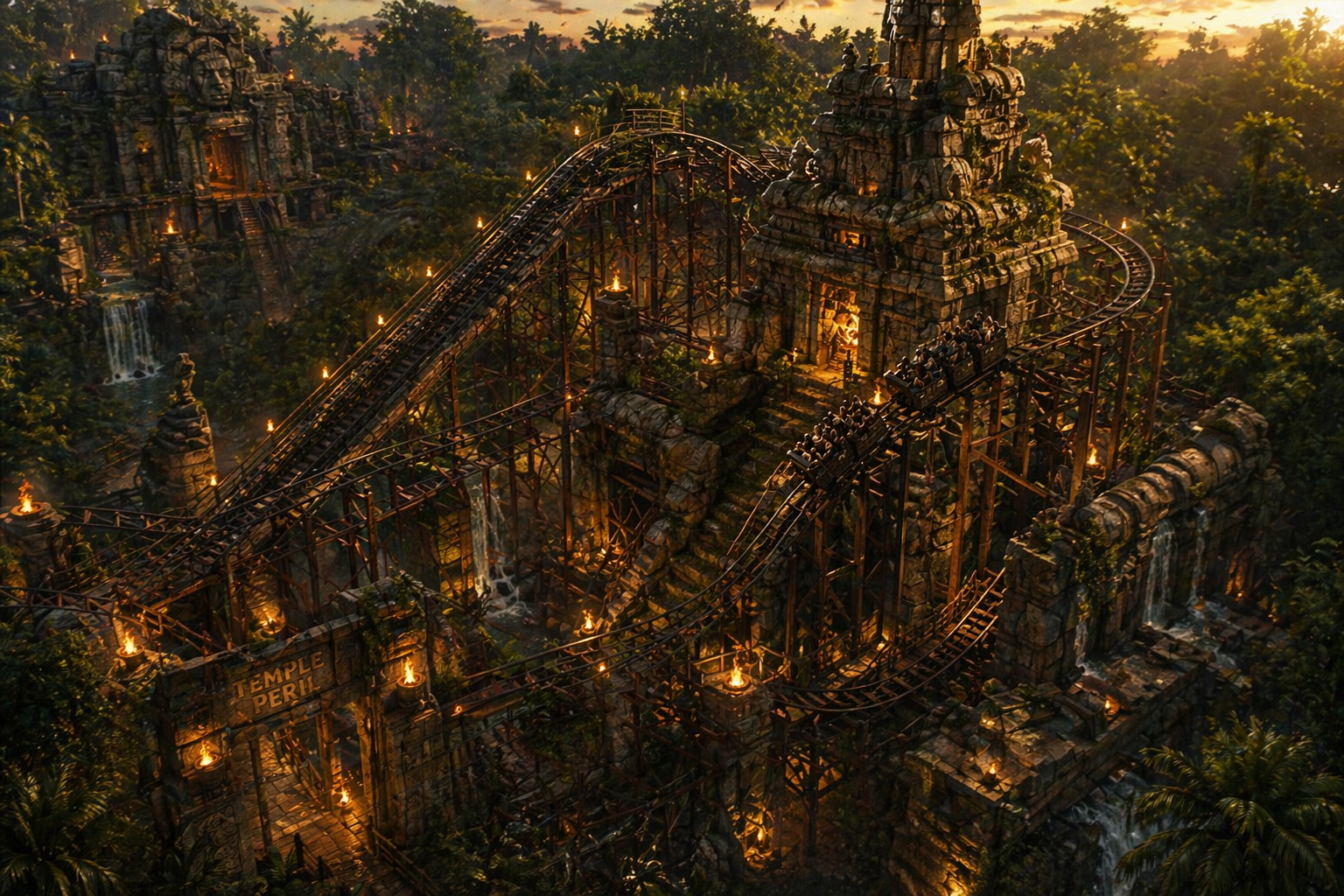 Concept art for a reimagined Indiana Jones and the Temple of Peril coaster area
