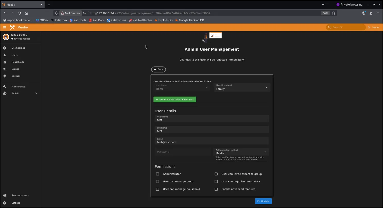 Mealie admin user management view showing the low-privilege test account configuration.