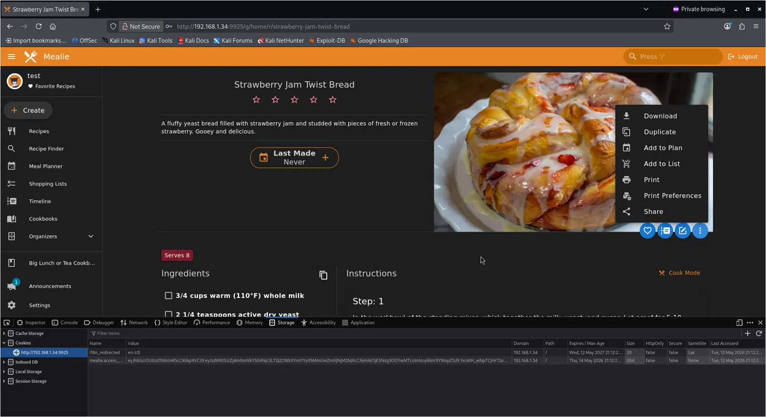 Mealie recipe page viewed from the low-privilege test account before the unauthorized delete request.