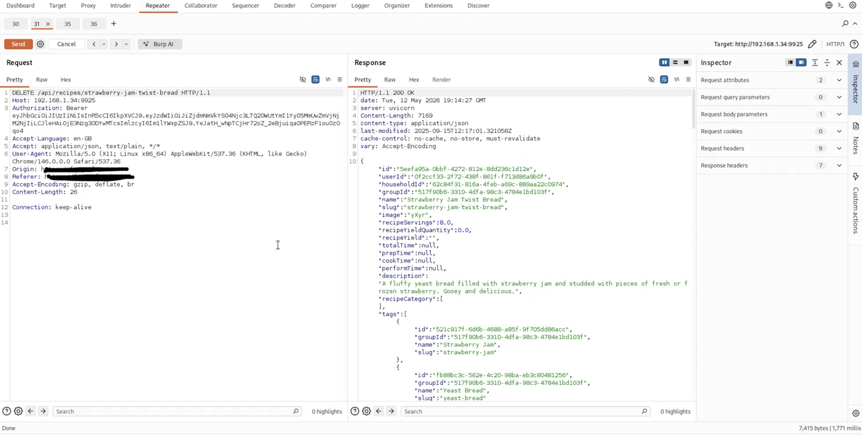 Captured API delete request returning a successful response for a recipe owned by another user.