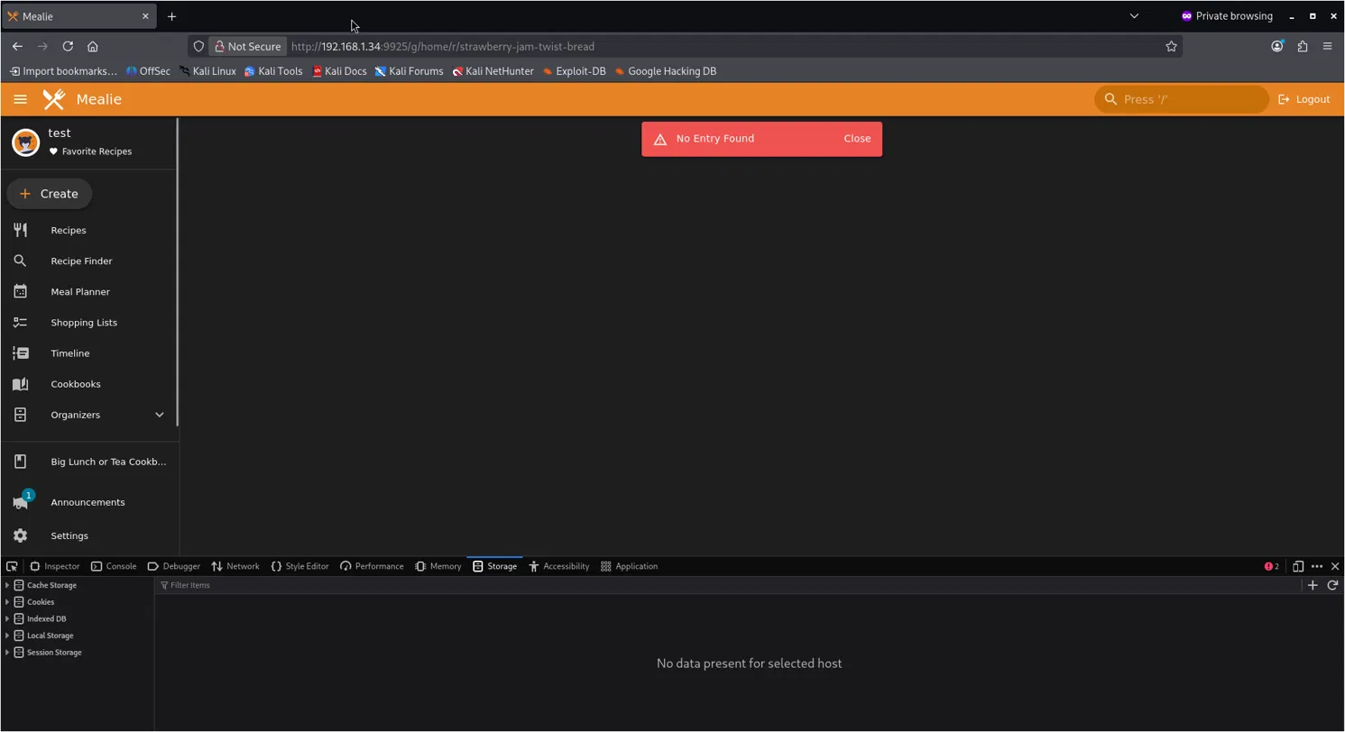 Mealie interface after the unauthorized delete request, showing that the recipe entry no longer exists.